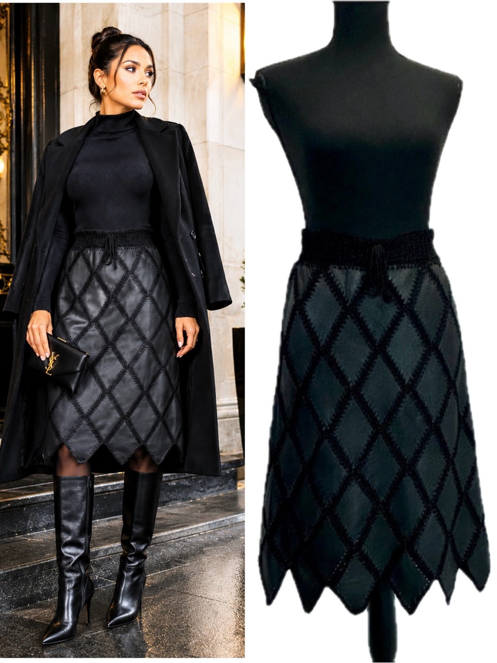 Vintage 70s Black Lambskin Leather Patchwork Crochet Gothic Midi Skirt NWT